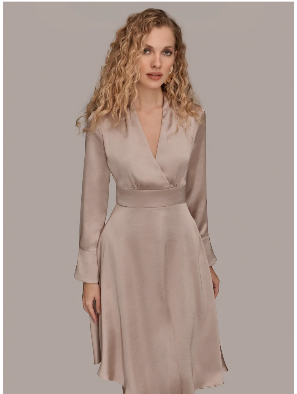 Donna Karan Dress Elegant V-Neck Satin Midi Dress in Nude - Picture 2 of 6